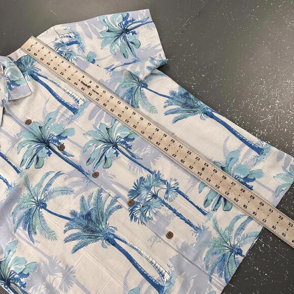 Tommy Bahama Silk Shirt Men XL White Navy Blue Palm Trees Camp Hawaiian EUC - Picture 5 of 7